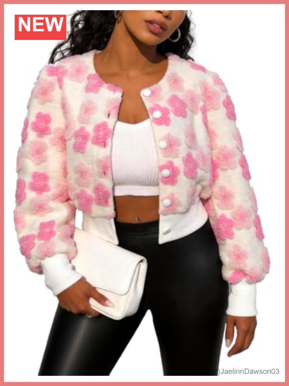 Flygo Women's Floral Print Fleece Bomber Jacket Cropped Button-Down Casual Coat